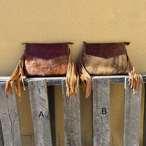 Tooled Leather and Cowhide Concealed Carry Purse In Brown